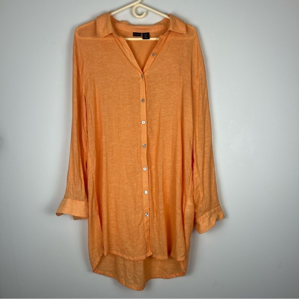 TAHARI Linen Button Front Tunic Top Shirt Dress Citrus Orange Large